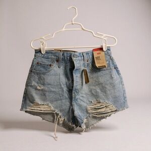 Levi's 501 Denim Shorts Womens Light Wash Distressed High Rise Button Fly‎ 28